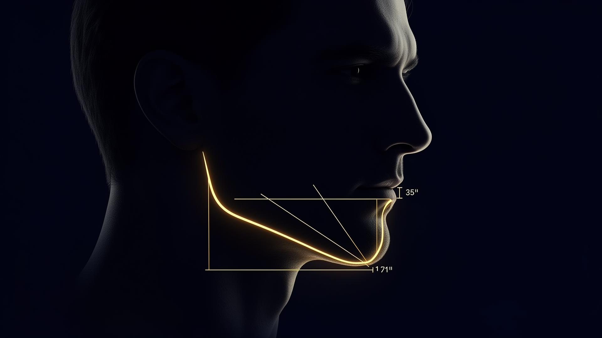 Gonial angle diagram on a male jaw profile — illustration of the mandibular angle and how it shapes the lower third for PSL ratings